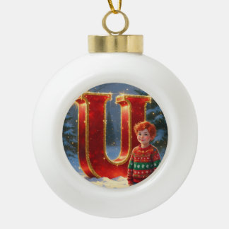 Christmas Letter U Ornament | Red Gold Monogram