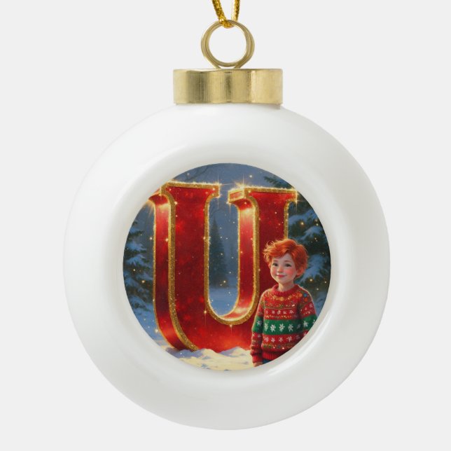 Christmas Letter U Ornament | Red Gold Monogram (Front)