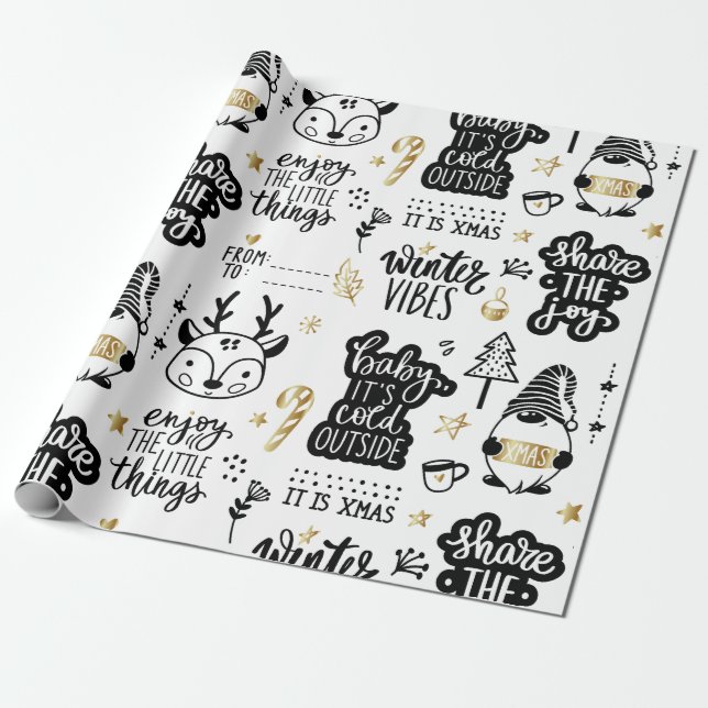 Christmas lettering quotes in black and gold wrapping paper (Unrolled)