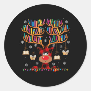 Christmas Librarian Reindeer Matching Family Book  Classic Round Sticker