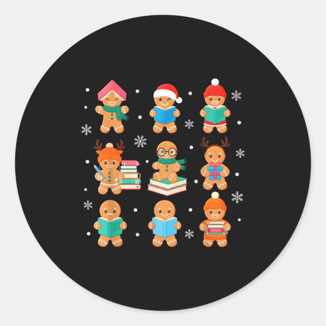 Christmas Library Gingerbread Man Books Lover Book Classic Round Sticker (Front)