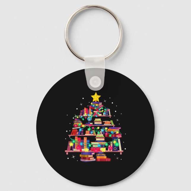 Christmas Library Tree Love Reading Books Nerd Tea Keychain (Front)