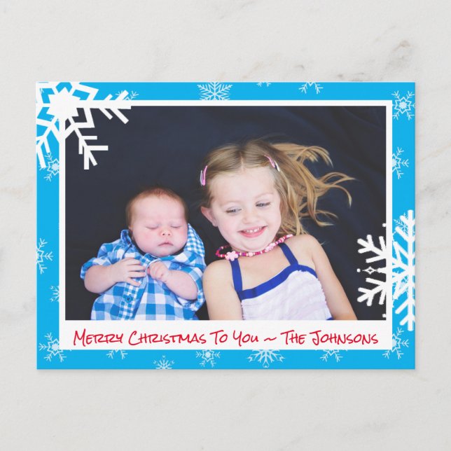Christmas Light Blue Snowflakes Famille Carte phot (Devant)