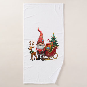 Christmas Light Gnome Santa Claus Riding Sleigh Hi Bath Towel
