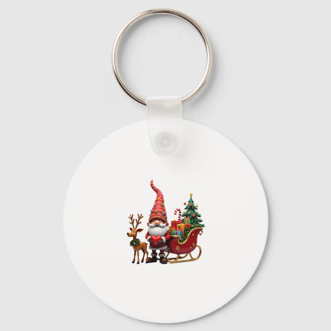 Christmas Light Gnome Santa Claus Riding Sleigh Hi Keychain (Front)