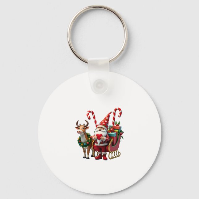 Christmas Light Gnome Santa Claus Riding Sleigh Hi Keychain (Front)