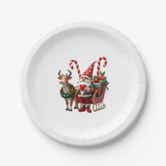 Christmas Light Gnome Santa Claus Riding Sleigh Hi Paper Plate