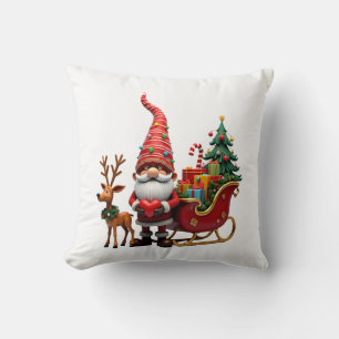 Christmas Light Gnome Santa Claus Riding Sleigh Hi Throw Pillow