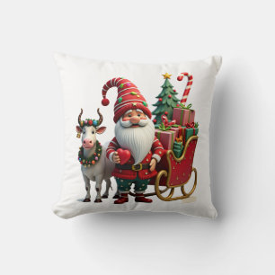 Christmas Light Gnome Santa Claus Riding Sleigh Hi Throw Pillow