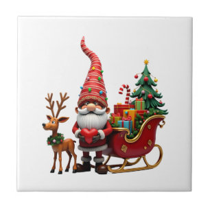 Christmas Light Gnome Santa Claus Riding Sleigh Hi Tile