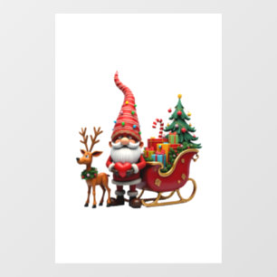Christmas Light Gnome Santa Claus Riding Sleigh Hi Window Cling