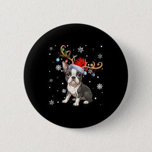Christmas Light Reindeer Santa Hat Boston Terrier 2 Inch Round Button