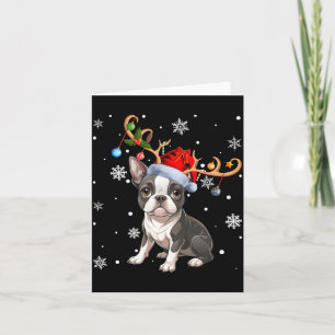 Christmas Light Reindeer Santa Hat Boston Terrier  Card
