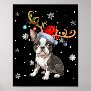 Christmas Light Reindeer Santa Hat Boston Terrier Poster