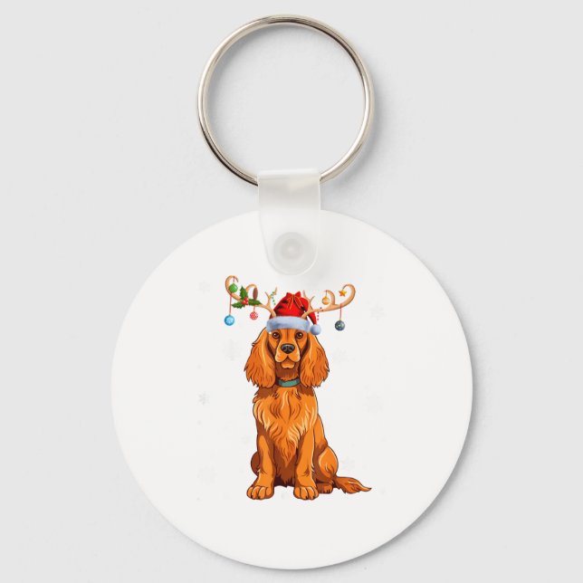 Christmas Light Reindeer Santa Hat Er Spaniel Xmas Keychain (Front)