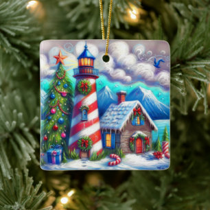 Christmas Lighthouse Nautical Coastal Mountain Ceramic Ornament