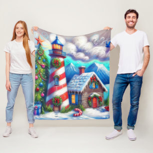 Christmas Lighthouse Nautical Coastal Mountain Fleece Blanket