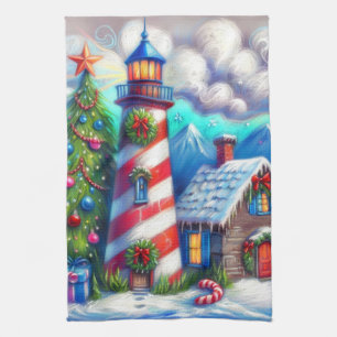 Christmas Lighthouse Nautical Coastal Mountain Kitchen Towel