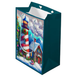 Christmas Lighthouse Nautical Coastal Mountain Medium Gift Bag