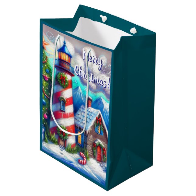 Christmas Lighthouse Nautical Coastal Mountain Medium Gift Bag (Front Angled)