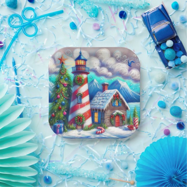 Christmas Lighthouse Nautical Coastal Mountain Paper Plate (Party)