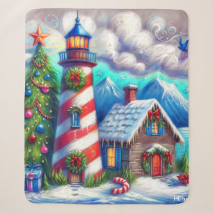 Christmas Lighthouse Nautical Coastal Mountain Sherpa Blanket
