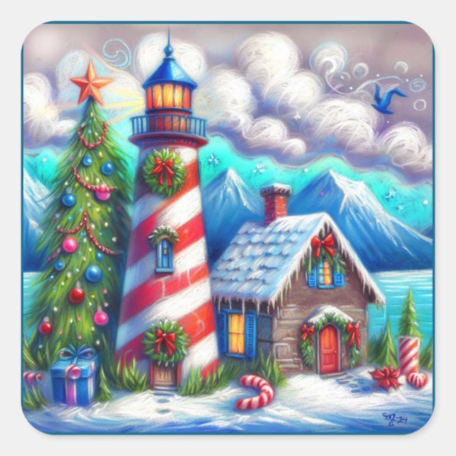 Christmas Lighthouse Nautical Coastal Mountain Square Sticker (Front)