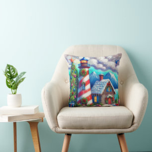Christmas Lighthouse Nautical Coastal Mountain Throw Pillow