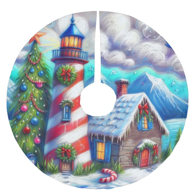 Christmas Lighthouse Nautical Magnetic Card Brushed Polyester Tree Skirt (Front)
