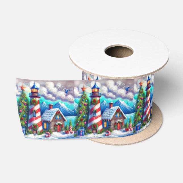Christmas Lighthouse Nautical Mountain Coastal Satin Ribbon (Spool)