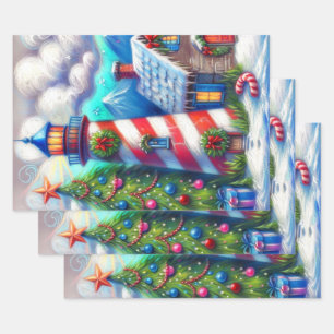 Christmas Lighthouse Nautical Mountain Decoupage Wrapping Paper Sheet