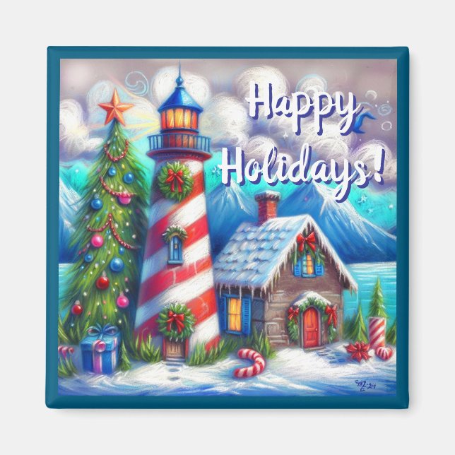 Christmas Lighthouse Nautical Personalized Magnet (Front)