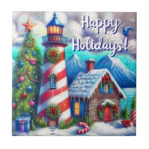 Christmas Lighthouse Nautical Personalized Tile