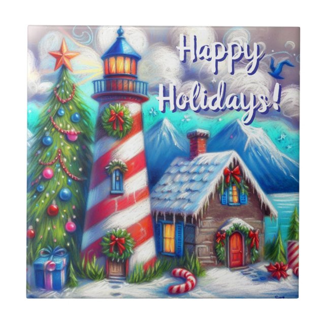 Christmas Lighthouse Nautical Personalized Tile (Front)