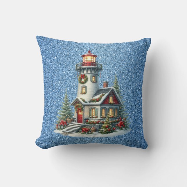 Christmas Lighthouse Throw Pillow (Front)