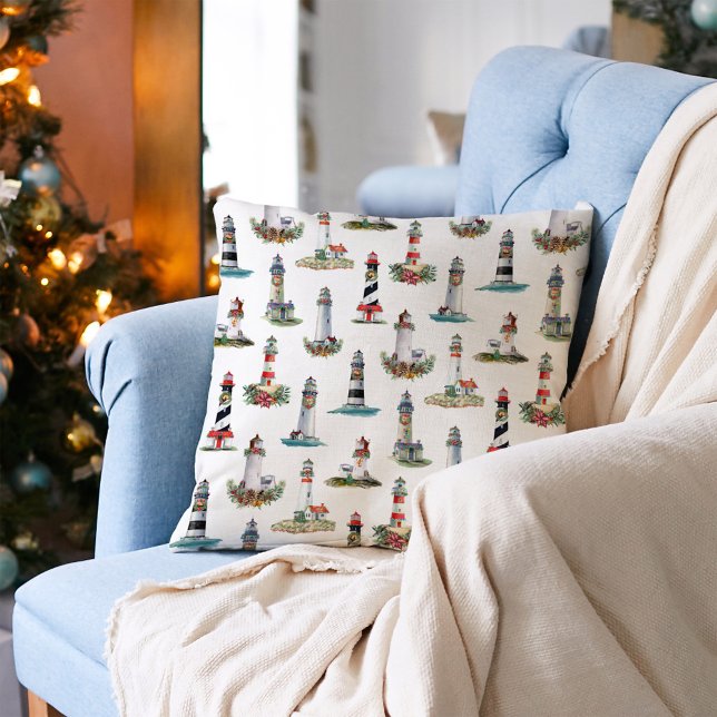 Christmas Lighthouses Nautical Coastal Throw Pillow (Creator Uploaded)