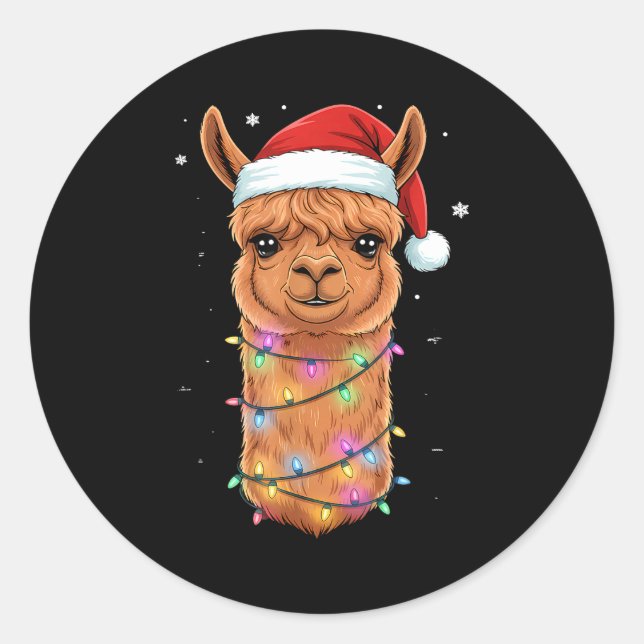 Christmas Lights Alpaca Santa Hat Llama Cute Xmas  Classic Round Sticker (Front)
