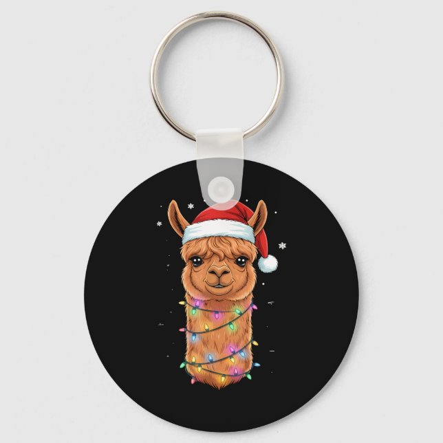 Christmas Lights Alpaca Santa Hat Llama Cute Xmas  Keychain (Front)