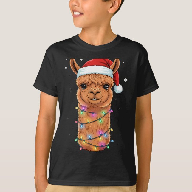Christmas Lights Alpaca Santa Hat Llama Cute Xmas  T-Shirt (Front)