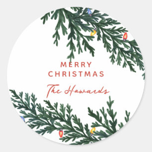 Christmas Lights and Greenery Classic Round Sticker