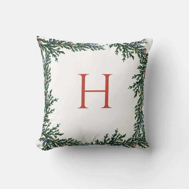 Christmas Lights and Greenery Monogram Throw Pillow (Front)