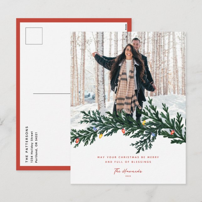 Christmas Lights and Greenery Photo Holiday Postcard (Front/Back)