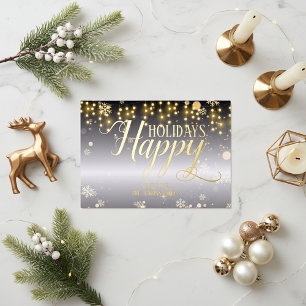 Christmas Lights and Snowflakes on Grey Gradient Foil Holiday Card