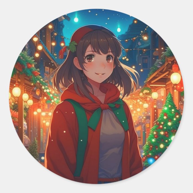 Christmas Lights Anime Girl Classic Round Sticker (Front)