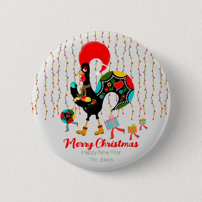 Christmas lights, baubles, presents and Rooster 2 Inch Round Button (Front)