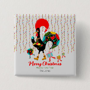Christmas lights, baubles, presents and Rooster 2 Inch Square Button
