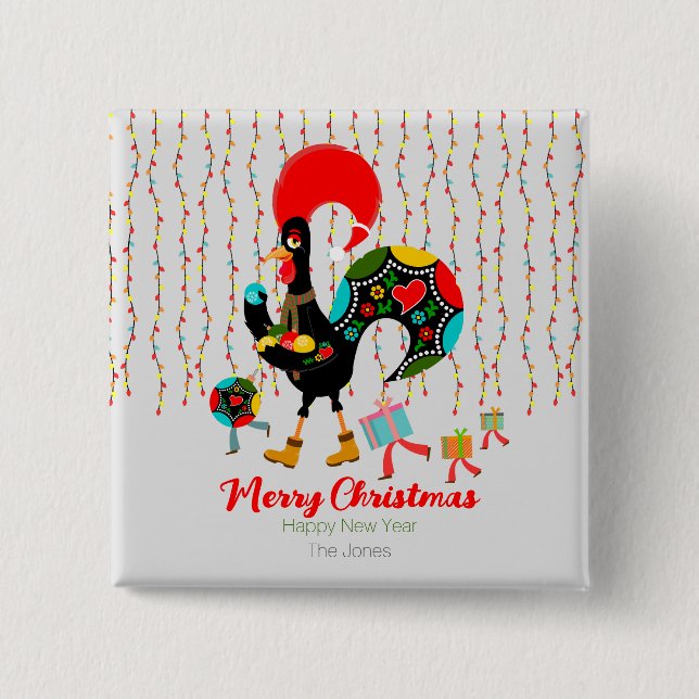 Christmas lights, baubles, presents and Rooster 2 Inch Square Button (Front)