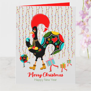 Christmas lights, baubles, presents and Rooster Card