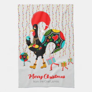 Christmas lights, baubles, presents and Rooster Kitchen Towel