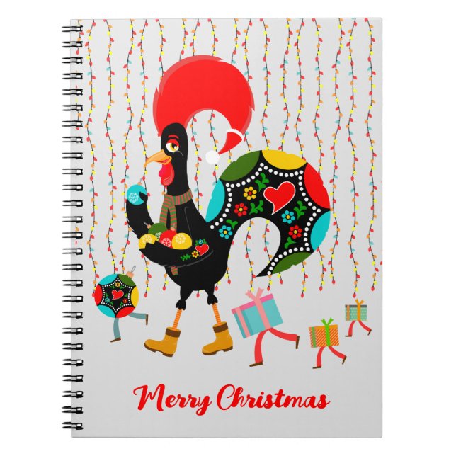 Christmas lights, baubles, presents and Rooster Notebook (Front)